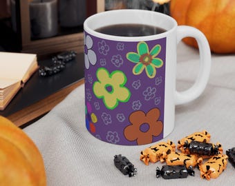 Mug artistique floral violet - Tasse en céramique avec fleurs colorées - Cadeau pour elle