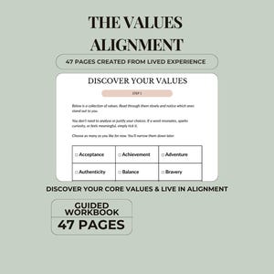 Puede incluir: Un cuaderno de trabajo titulado "La Alineación de Valores" con 47 páginas. La portada presenta el texto "Descubre tus valores" y una lista de valores para elegir, incluyendo "Aceptación", "Logro" y "Aventura".