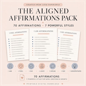 May include: A digital download pack titled The Aligned Affirmations Pack, featuring 70 affirmations in 7 styles. Three white pages display lists under headings I Feel, I Am, and I See. Below, seven circular icons represent I Am, I Feel, I Do, I Love, I Speak, I See, and I Understand.