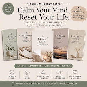 Può includere: Un pacchetto di cinque quaderni di lavoro PDF, tra cui "The Anxiety Reset" e "The Sleep Reset", progettati per promuovere la calma e l'equilibrio emotivo. Le copertine sono in tonalità neutre con design minimalisti. Il pacchetto è pubblicizzato come un sistema di reset completo.