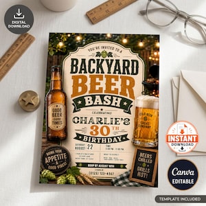 May include: A rectangular invitation card for a Backyard Beer Bash 30th birthday party. The design features a beer bottle, a glass of beer, and text including "Charlie's 30th Birthday," "Saturday August 22," and "RSVP by August 10th" on a rustic background.
