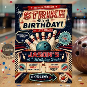 Pode incluir: Um convite de aniversário com tema de boliche em estilo vintage. O design apresenta uma bola de boliche, pinos e o texto "Strike! It's a Birthday!" em vermelho e branco. Inclui detalhes do evento e informações de RSVP.