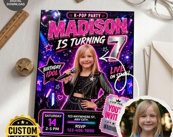 May include: A custom-made K-Pop party invitation featuring a young girl holding a microphone. The invitation is designed with a vibrant purple and pink color scheme, with the text "Madison is Turning 7" and "Birthday Idol". Includes a photo of the child.