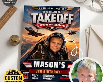 May include: A rectangular birthday invitation card featuring a pilot theme with a child wearing a flight helmet and giving a thumbs up. The text reads CALLING ALL PILOTS! YOU'RE CLEARED FOR TAKEOFF JOIN US TO CELEBRATE! MASON'S 8TH BIRTHDAY!