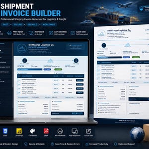 May include: A laptop screen and a printed document displaying the Shipment Invoice Builder interface for SwiftCargo Logistics Co. The layout features blue and white color schemes, cargo descriptions, freight charges, and shipping details.