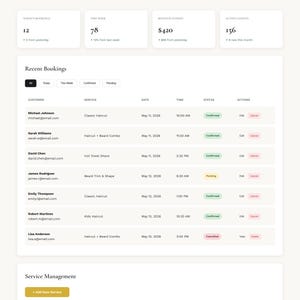 May include: A digital dashboard interface for BarberBook, featuring a header with navigation, a summary of bookings, revenue, and active clients, a table of recent bookings with customer details, and a service management section with pricing.