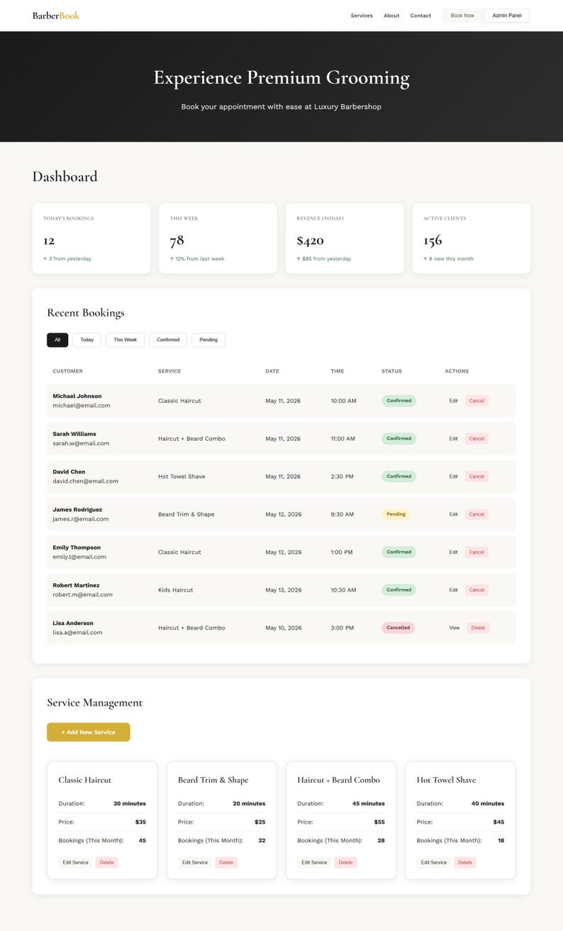 May include: A digital dashboard interface for BarberBook, featuring a header with navigation, a summary of bookings, revenue, and active clients, a table of recent bookings with customer details, and a service management section with pricing.
