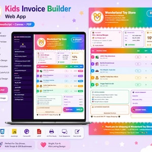 May include: A Kids Invoice Builder web app interface displayed on a laptop screen and as a full-page document. The design features a colourful rainbow gradient header, a mouse icon logo, and a detailed invoice layout with product lists and totals.