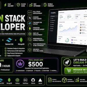 Può includere: Una grafica di marketing digitale per un servizio di sviluppatore MERN stack su Etsy. Presenta un laptop e uno smartphone che mostrano una dashboard SaaS, con testo che elenca competenze come React JS, Next.js, Tailwind CSS e MongoDB, oltre ai prezzi.