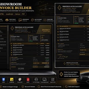 May include: A digital interface for a Showroom Invoice Builder displayed on a laptop screen, featuring a black and gold color scheme. The invoice template for Prestige Auto Gallery lists vehicle details, pricing, and payment information in a clean layout.