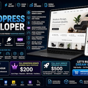 Op de afbeelding: Een donkerblauwe promotieafbeelding voor een WordPress-ontwikkelaarservice. Het toont een laptop en smartphone met een website, lijsten met technische diensten, prijzen en iconen voor diverse webontwikkelingstools en technologieën.