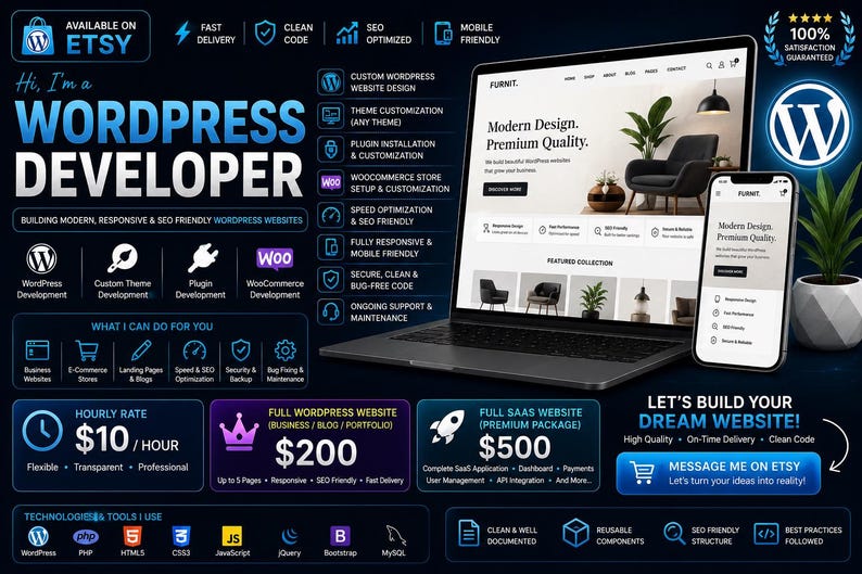May include: A dark blue promotional graphic for a WordPress developer service. It features a laptop and smartphone displaying a website, lists of technical services, pricing packages, and icons for various web development tools and technologies.