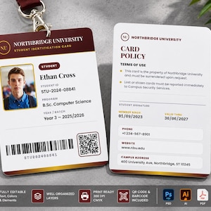 Peut inclure: Une carte d'étudiant de l'université Northbridge au design bordeaux et blanc, avec le portrait d'Ethan Cross, l'identifiant STU-2024-08841, un code-barres, un QR code et un verso affichant les conditions d'utilisation et les coordonnées.