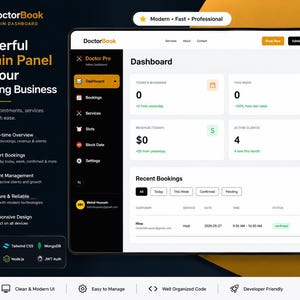 May include: A digital interface for the DoctorBook admin dashboard featuring a dark sidebar with navigation icons and a light-colored main area displaying booking statistics, revenue, active clients, and a recent bookings table with status indicators.