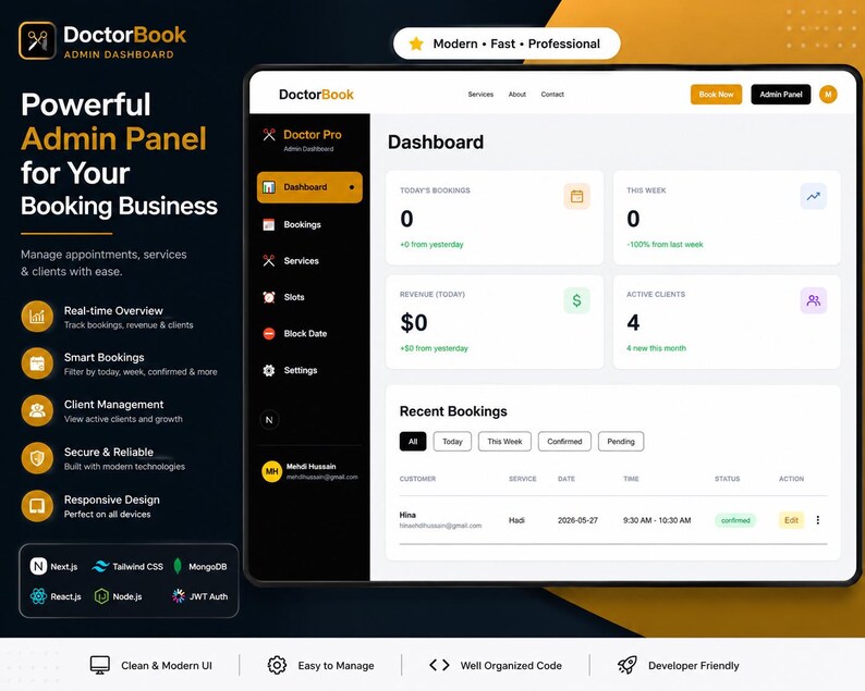 May include: A digital interface for the DoctorBook admin dashboard featuring a dark sidebar with navigation icons and a light-colored main area displaying booking statistics, revenue, active clients, and a recent bookings table with status indicators.