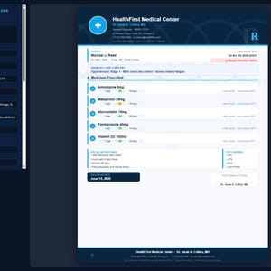 May include: A digital prescription builder interface displaying a HealthFirst Medical Center form. The document includes patient Michael J. Reed, doctor Dr. Sarah A. Collins, MD, and a list of prescribed medicines like Amlodipine, Metoprolol, and Atorvastatin.