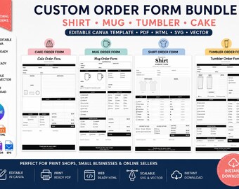 Custom Order Form Bundle Editable Canva, PDF Export App | Shirt, Mug, Tumbler, Cake Templates