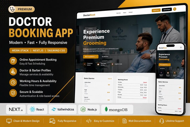 May include: A digital interface design for a Doctor Booking App displayed on a computer monitor and a smartphone. The layout features text including Doctor Booking App, Experience Premium Grooming, and lists technical stacks like MERN, Next.js, and Tailwind CSS.