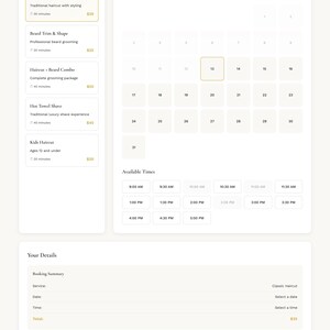 May include: A BarberBook website interface for scheduling grooming appointments. The layout includes a service selection menu, a May 2026 calendar for date selection, available time slots, and a booking form for user details like name and email.