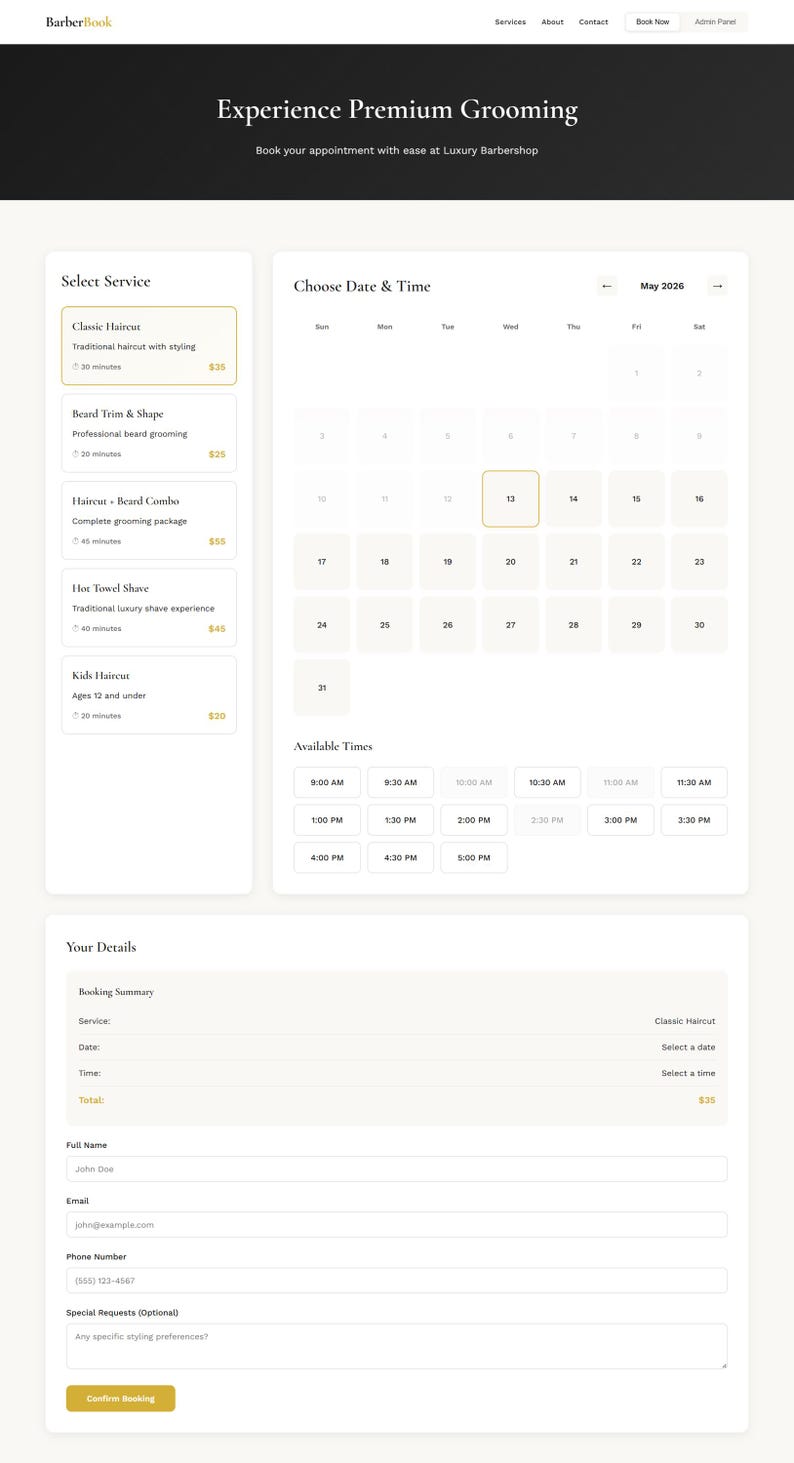 May include: A BarberBook website interface for scheduling grooming appointments. The layout includes a service selection menu, a May 2026 calendar for date selection, available time slots, and a booking form for user details like name and email.