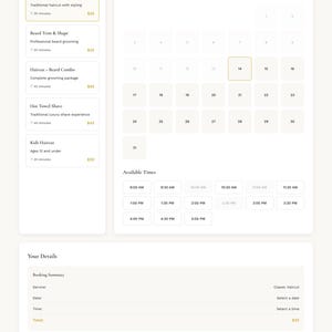 May include: A BarberBook website interface featuring a service selection menu with options like Classic Haircut and Beard Trim, a May 2026 calendar for date selection, an available times grid, and a booking form for user details and contact info.