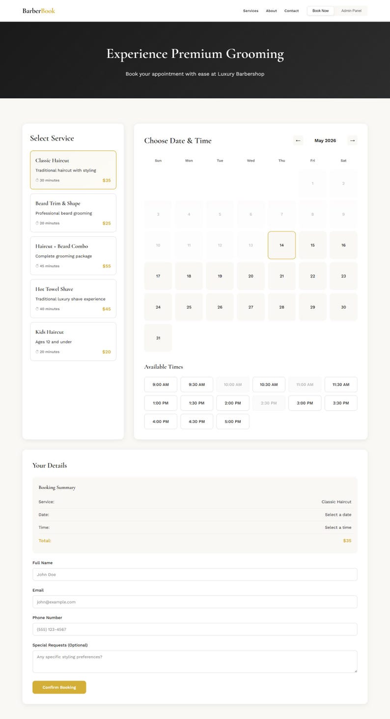 May include: A BarberBook website interface featuring a service selection menu with options like Classic Haircut and Beard Trim, a May 2026 calendar for date selection, an available times grid, and a booking form for user details and contact info.
