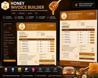 Honey Business Invoice HTML Bundle | Beekeeper Planner Calendar (PDF Export)