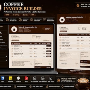 May include: A digital coffee invoice builder displayed on a laptop screen and a printed invoice document. The interface features brown and cream tones, listing items like espresso and lattes for Ember & Grounds Coffee Co. with a coffee cup icon.
