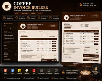 Coffee Restaurant Invoice HTML Bundle | Cafe Landing Page, Planner, Invoice (PDF Export)
