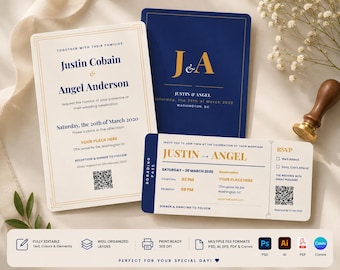 Wedding Invitation Suite, Navy Gold Boarding Pass, Canva PDF SVG (Digital Download)
