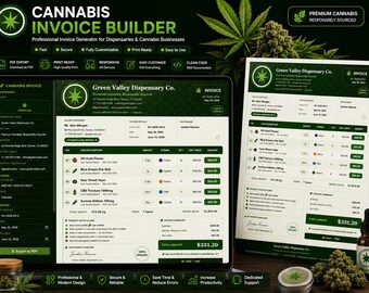 Cannabis Business Invoice HTML Bundle | Dispensary Landing Page Planner Calendar | PDF Export Print | Weed Shop Billing