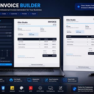 May include: A laptop displaying an Invoice Builder software interface with a dark sidebar and a white invoice preview. Next to the laptop is a printed invoice document. The screen shows text including Invoice Builder, Elite Studio, and Invoice.