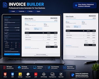 Business Invoice Template HTML Bundle | Planner Calendar App | PDF Export Print | Corporate Billing Tool