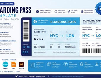 Boarding Pass Template | Customizable First Class Ticket (Canva, SVG, PDF)