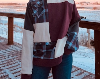 Patchwork flanellen sweater met ronde hals - gezellige colorblock-trui