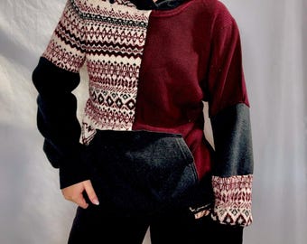 Sweater met patchwork-hoody | Handgemaakte upcycled top