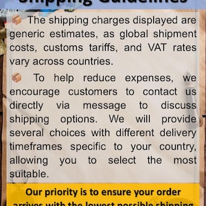 Puede incluir: Un documento titulado Shipping Guidelines impreso en papel beige texturizado. El texto explica que los gastos de env&iacute;o son estimaciones y anima a los clientes a contactar directamente con el vendedor para discutir las opciones de entrega.