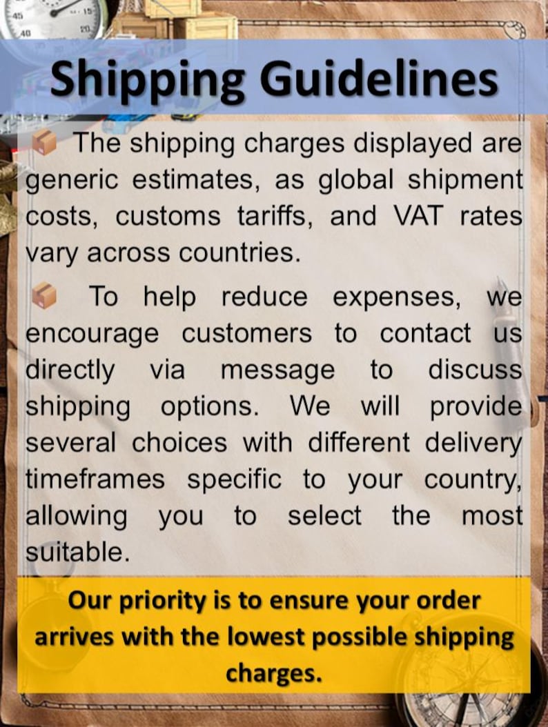 Puede incluir: Un documento titulado Shipping Guidelines impreso en papel beige texturizado. El texto explica que los gastos de env&iacute;o son estimaciones y anima a los clientes a contactar directamente con el vendedor para discutir las opciones de entrega.