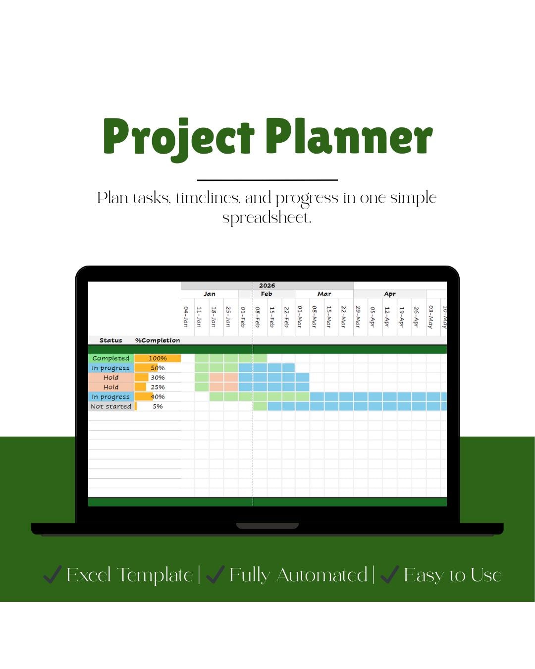 Project Gantt Chart | Project Planner Spreadsheet | Task & Timeline ...