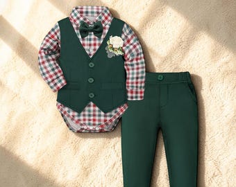 Formeel herenpak voor babyjongen, driedelige set voor babyjongen, outfit babyjongen, geruit babypakje, bruiloft outfit baby, cadeau voor babyjongen