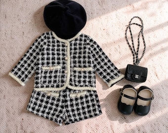 Ensemble en tweed à carreaux bébé fille, ensemble tenue deux pièces, ensemble vêtements bébé, ensemble veste et short à carreaux, cadeau tenue pour bébé fille
