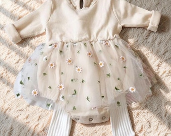 Baby Girls Romper, Floral Tulle Romper Dress, Apricot Baby Romper, Daisy Embroidered Romper, Baby Shower Gift Outfit, Gift for Baby Girls