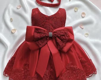 Jurk met kantborduurwerk babymeisjes, prinsessenjurk met hoofddeksel, babyfeestjurk, rode babyjurk, jurkset peuter, verjaardagsoutfit baby