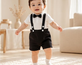Gentleman Tuxedo Outfit Set for Baby Boy, Romper Style Outfit, Baby Boy Formal Outfit, Bow Tie Romper Set, Special Occasion Wear for Baby