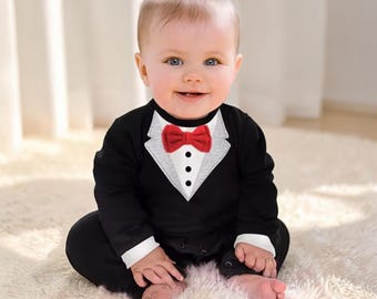 Pelele para bebé niño en blanco y negro, mono de caballero para bebé niño, conjunto de pelele tipo esmoquin, conjunto formal para bebé, ropa de fiesta para bebé