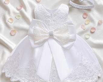 Baby Girls Lace Embroidery Dress, Princess Dress with Headwear, Baby Party Dress, White Baby Dress, Toddler Dress Set, Birthday Outfit Baby