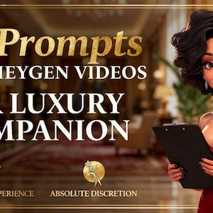 Könnte beinhalten: Illustrierte Werbung mit dem Text "50 Prompts for Heygen Videos for Luxury Companion". Eine Frau in einem roten Kleid hält einen Klemmbrett. Der Hintergrund ist ein verschwommenes Interieur mit goldenen Akzenten.