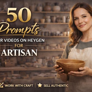 Puede incluir: Una mujer sosteniendo un cuenco de madera, con un delantal, con el texto "50 Prompts for Videos on Heygen para Artisan." El fondo muestra estanterías llenas de cerámica.