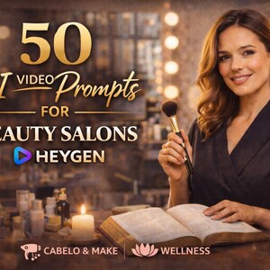 Könnte beinhalten: Werbebild für "50 KI-Video-Prompts für Schönheitssalons" von Heygen. Eine Frau hält einen Make-up-Pinsel und ein offenes Buch. Eine brennende Kerze und Schönheitsprodukte befinden sich auf einem Tisch. Logos von Cabello & Make und Wellness sind ebenfalls vorhanden.