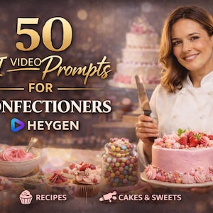 Puede incluir: Una mujer con una chaqueta de chef blanca sostiene un pastel rosa decorado con fresas y crema. La imagen incluye el texto "50 AI Video Prompts for Confectioners" y "Heygen". Se ven otros productos horneados.